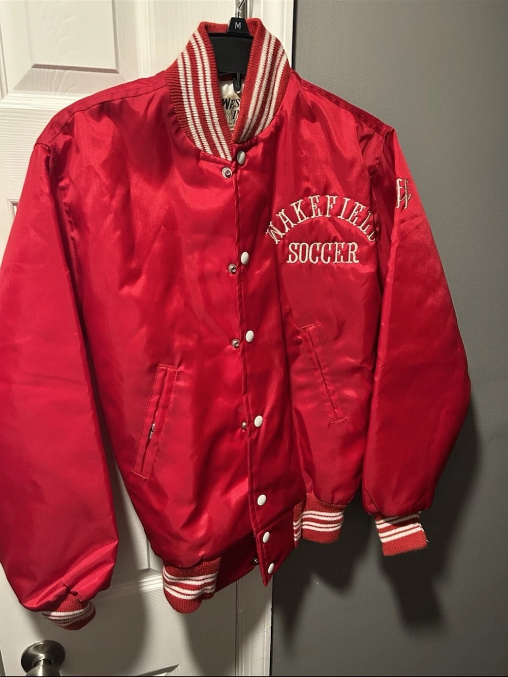 Vtg Jacket Wakefield soccer Satin Bomber Patches Coat Small Sz XS West Wind